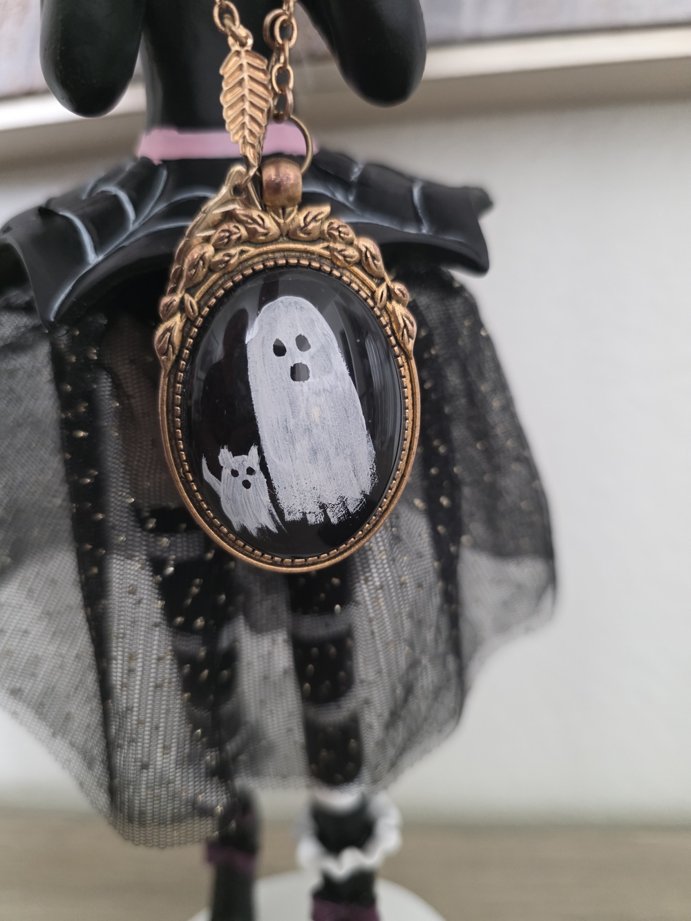 Antique Gold Ghost Pendant Necklace White Ghost Design - Picture 8 of 8